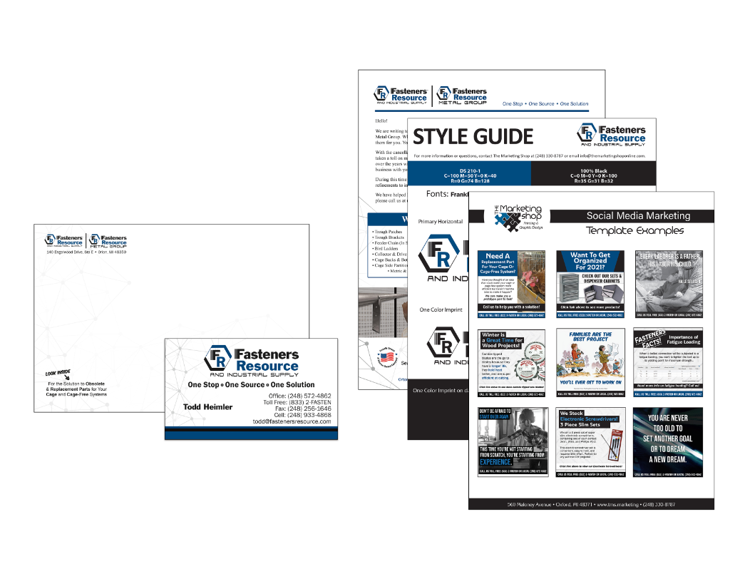 style guide, direct mail letter and envelope, business card (Todd), Social media