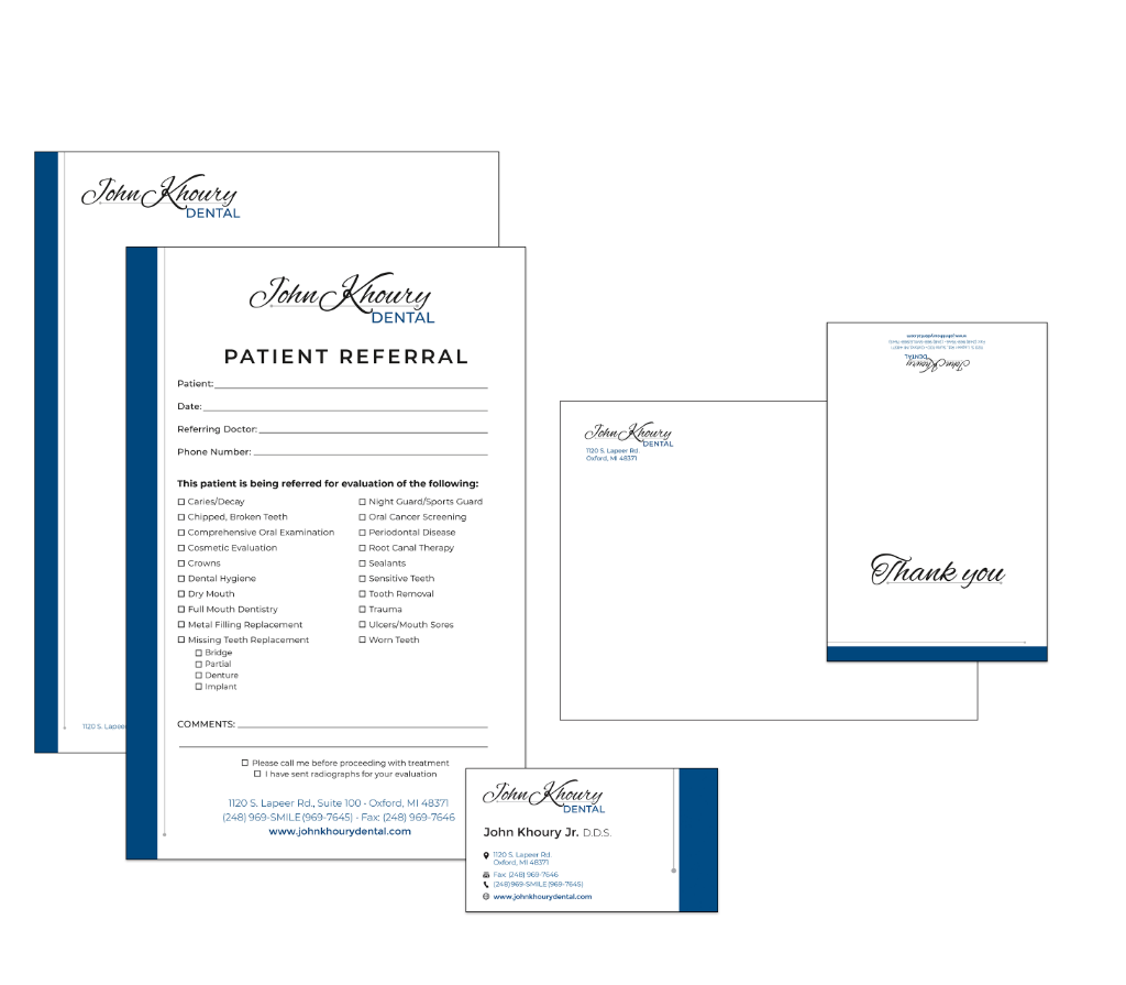business cards, thank you notes and small envelopes, patient referral pad, letterhead