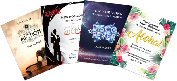 Program Book covers from 4 years – Aloha (2023), 007 theme (2019), Disco (2022), 2018